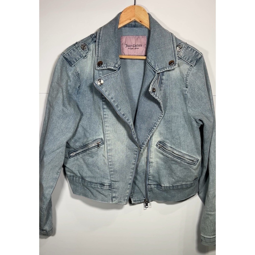 Juicy Couture Denim Moto‎ Jacket Women's Large Blue Cropped Biker Zip